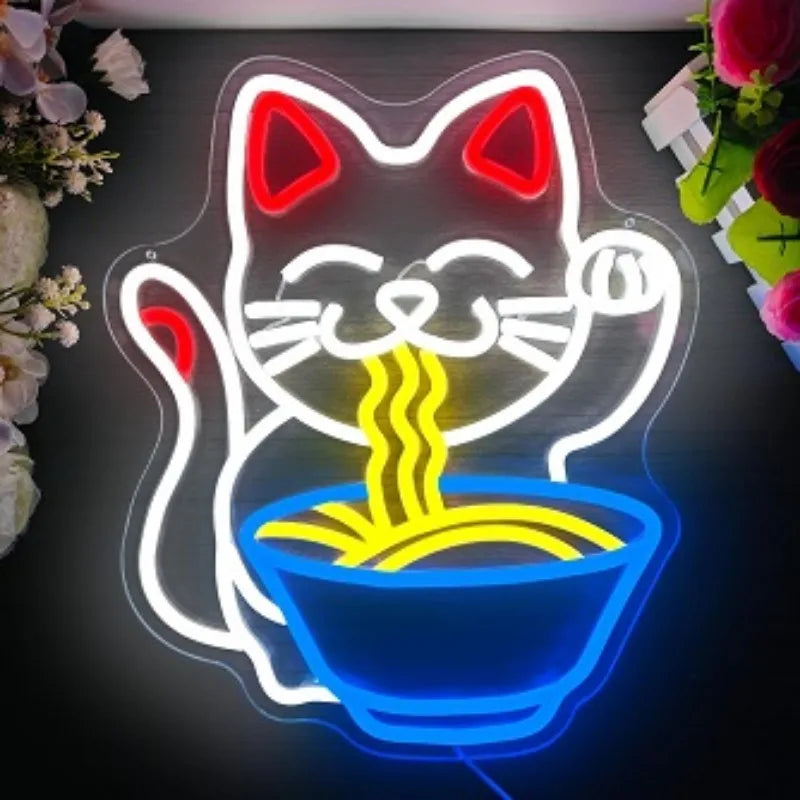 Ramen Cat Neon Sign, Bright LED for Restaurant and Cafe Decor, Japanese Kitchen Wall Art, Cat Lover Gift, Party Decoration
