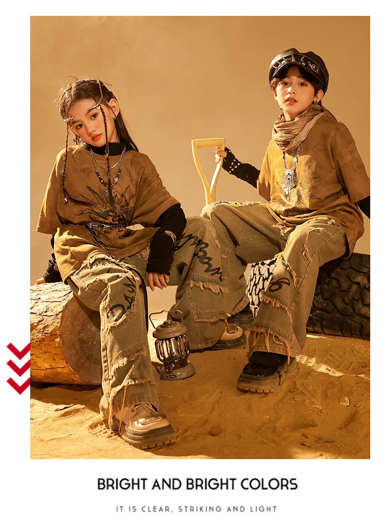 Boys Wasteland Punk Street Dance Sweatshirt Jeans Pants Girls Hip Hop Clothes Sets Kids Jazz Stage Costumes Children Streetwear