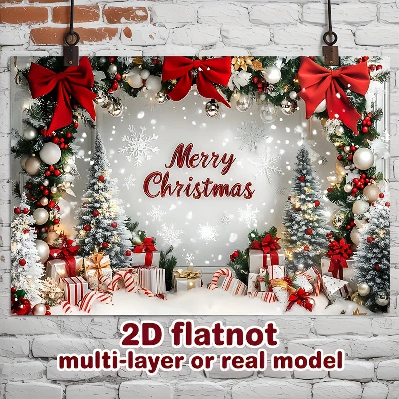1 festive Christmas party banner with snowy landscape, decorative bow and wrapped gifts for home and room wall decoration