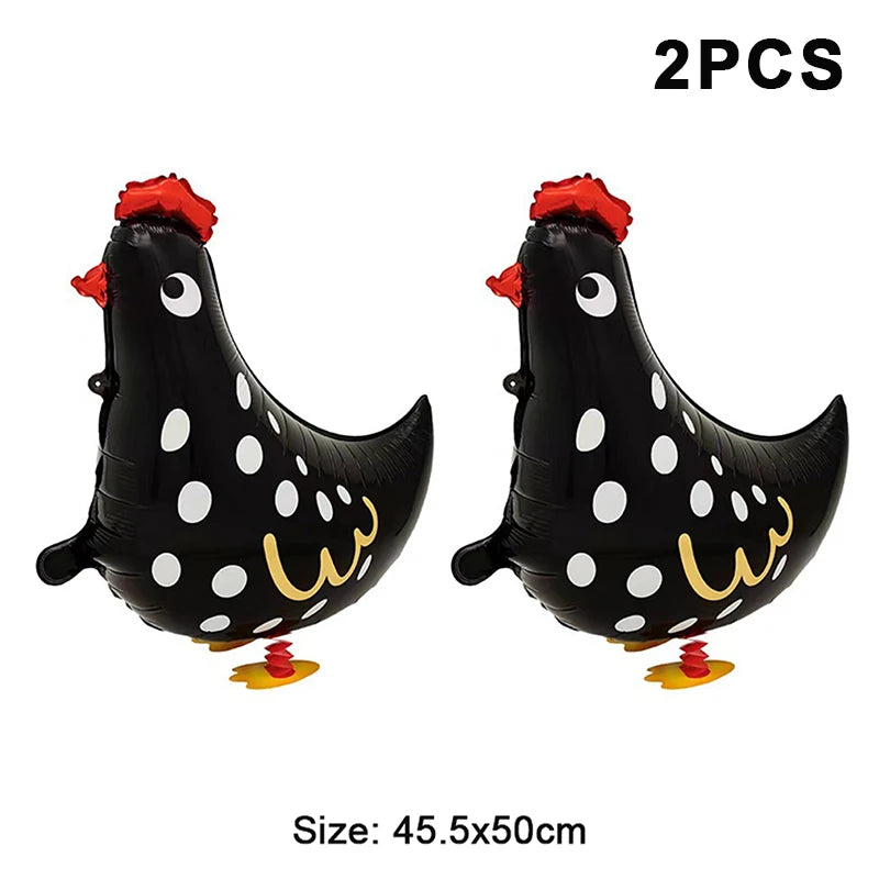 2Pcs Chicken-Shaped Aluminum Foil Balloons Black & White Polka Dot Cartoon Standing Decorations for Children's Birthday Party