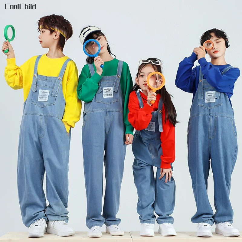 Boys Hip Hop Solid Sweatshirt Denim Loose Overalls Girls Crop Top Kids Dungaree Child Jumpsuit Street Dance Romper Streetwear