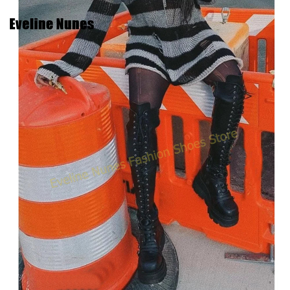 Y2K Alt Punk Over Knee Platform Boots Multi Metal Buckle Lace up