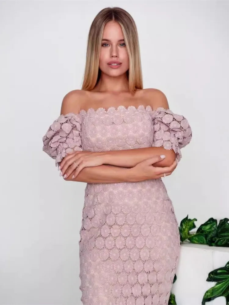 Women's Hollow Out Flower Lace Patchwork Slim Midi Dresses Temperament Solid Color Package Hip Dress Lady Commuting Vestidos