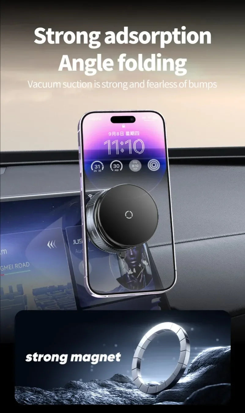 Car Magnetic Wireless Charger Phone Holder & 360° Rotation Vacuum Suction Cup Stand For iPhone 16 15 14 13 12 Fast Charging Dock