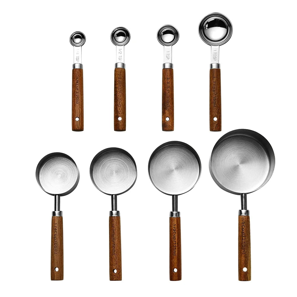 1/4Pcs Stainless Steel Measuring Cups and Spoons Set with Wooden Handles Multifunctional Baking Tool for Cooking and Baking