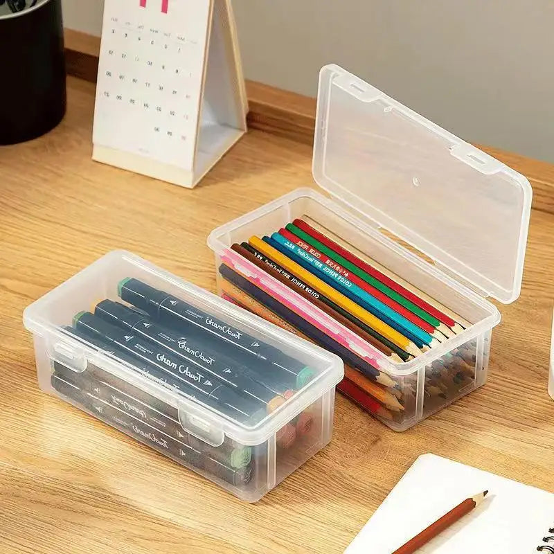Black Desk Organizer Transparent Plastic Storage Box With Lid For Pens Pencils Markers School Supplies & Office Organization