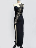 Sexy One Shoulder Sleeveless Diamonds Flower Bandage Dress Women Black High Slit Bodycon Long Dress Elegant Party Celebrity Club