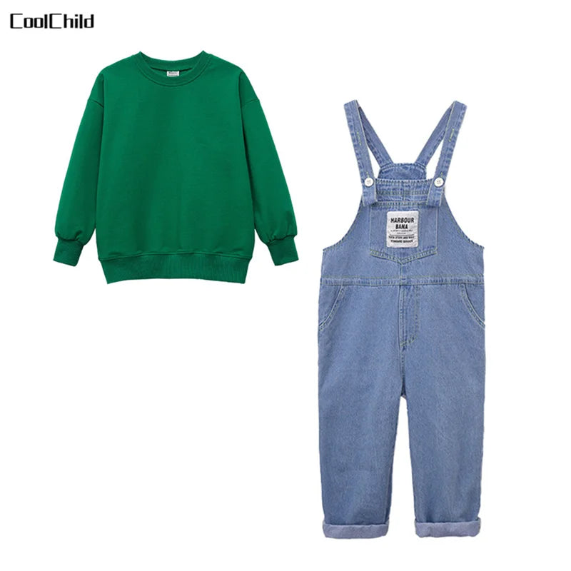 Boys Hip Hop Solid Sweatshirt Denim Loose Overalls Girls Crop Top Kids Dungaree Child Jumpsuit Street Dance Romper Streetwear