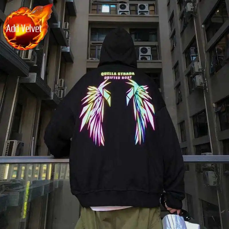 Reflective Male Hoodie Hip Hop Overfit New in No Brand Y2k Vintage Novelty and Simple 90s Tops Fleeced Men's Hooded Sweatshirt