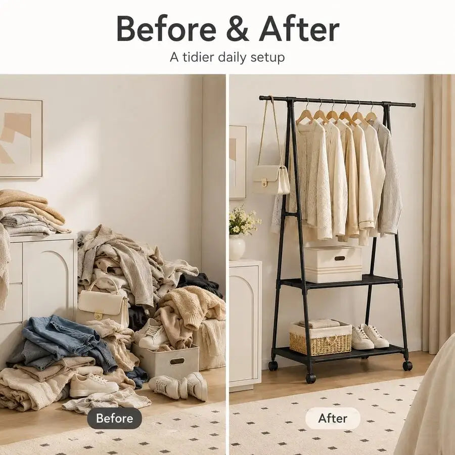 A-Frame Rolling Clothes Rack With 2 Storage Shelves