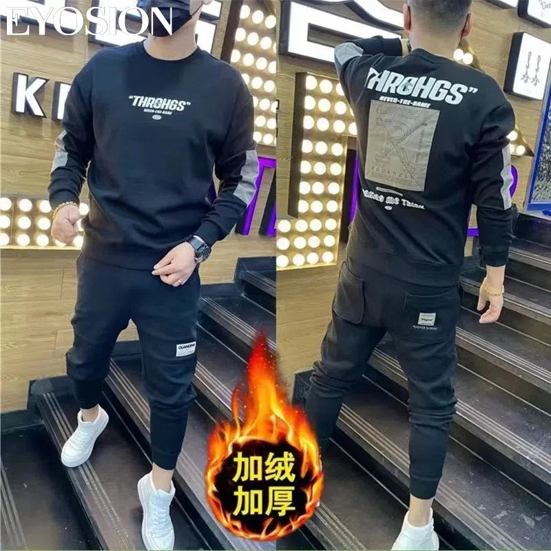 Autumn Youth Men's Sweatshirt Pullovers Letter Print Round Neck Slim Fit Thicken Hoody Long Sleeve Casual Sweatshirt Male Tops
