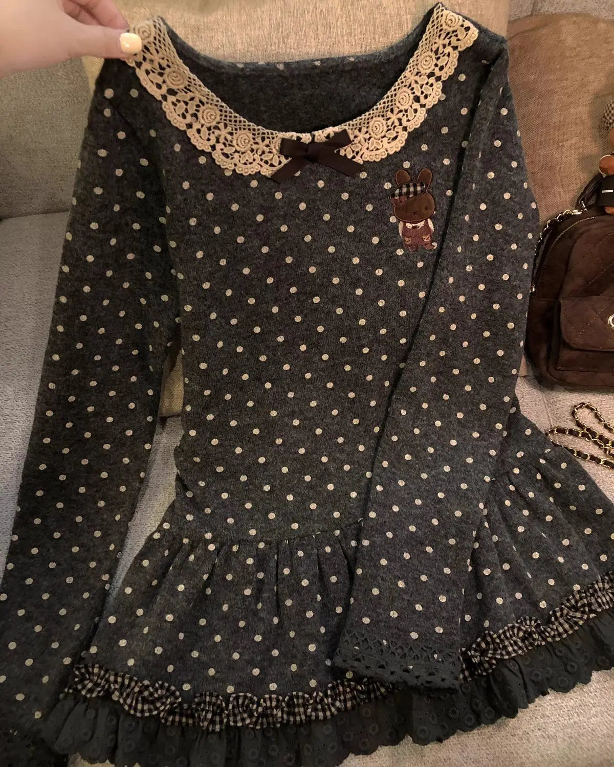 Harajuku Cute Print T-Shirts Women Beige Polka Dot Ruffle Hem Tees