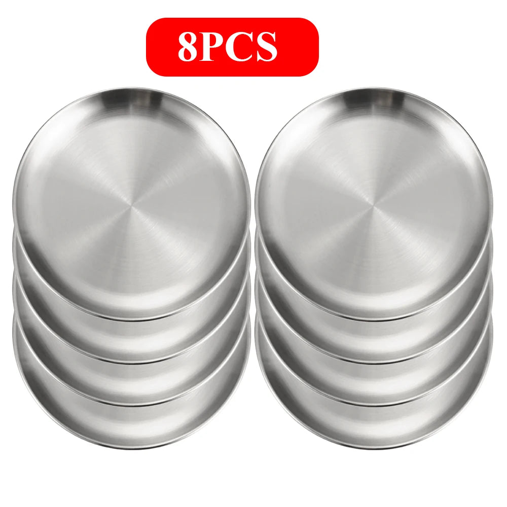 8PC Metal Dining Dish Stainless Steel Round Plate Shallow