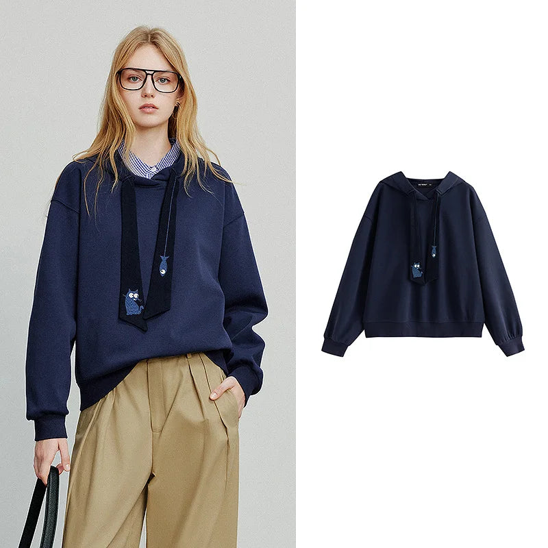 TOYOUTH Women Hoodies Sweatshirt 2025 Autumn New College Style Cat Embroidery Tie Cotton Hooded Pullover Tops