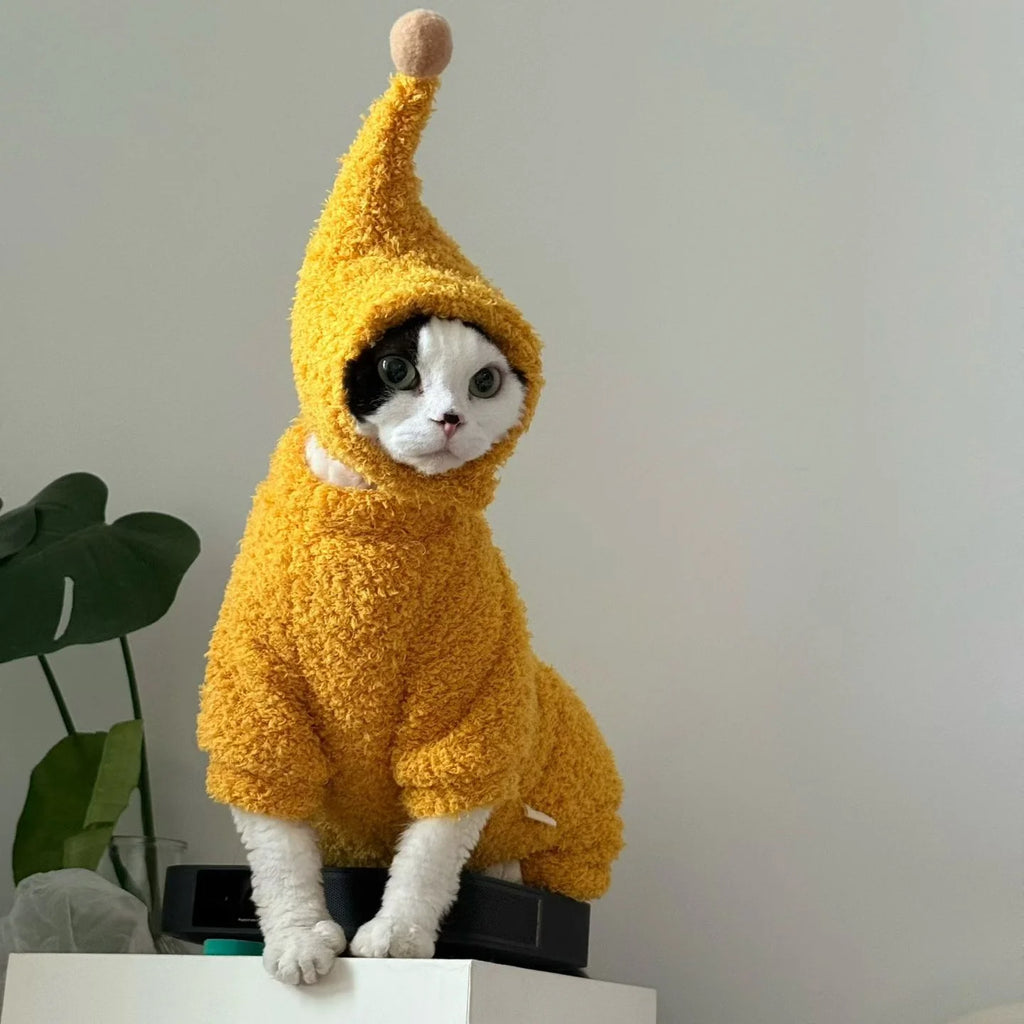 Winter Warm Plush 4-legged Sweatshirt Hat Suit for Devon Rex in Winter Soft Yellow Red Sweater for Sphynx Cat Kittens Khaki Coat