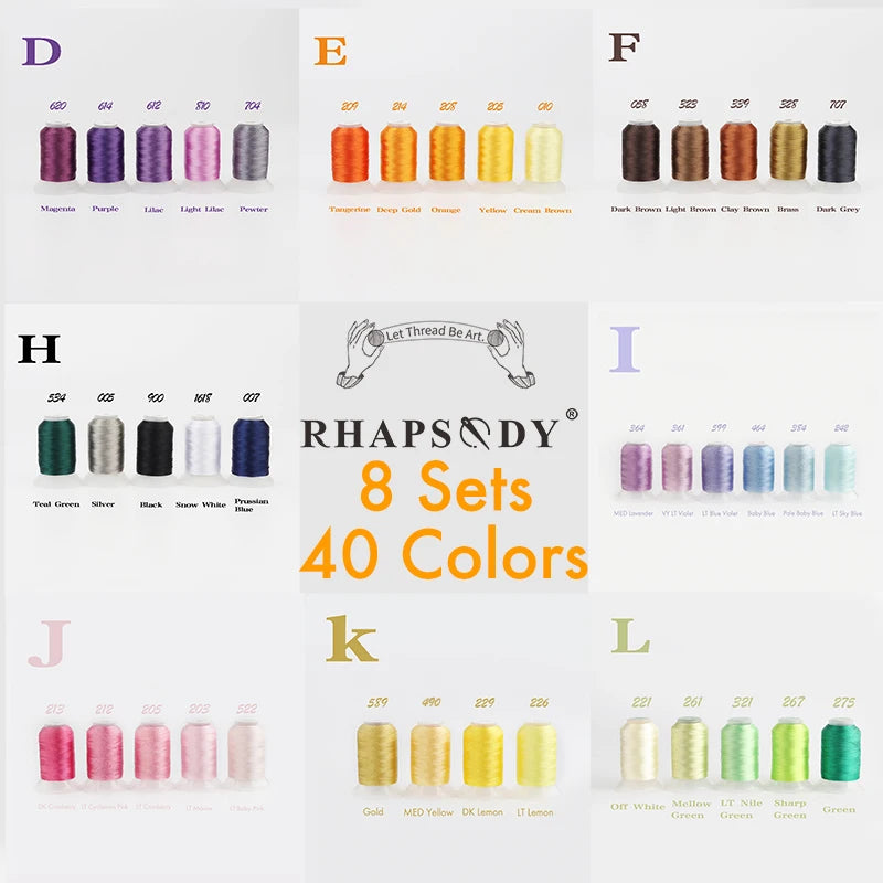 Rhapsody 40WT Polyester Embroidery Machine Thread 550Y 60 Colors Brother Babylock Janome Singer Pfaff Husqvarna Bernina Sewing