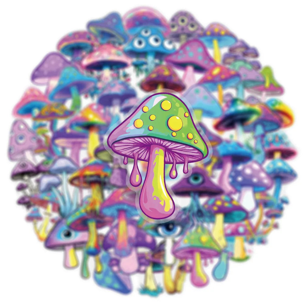 50 Pcs Transparent Iridescent Mushroom Stickers - PET Decorative Decals for Notebooks, Phone Cases, Tablets, Motorcycle