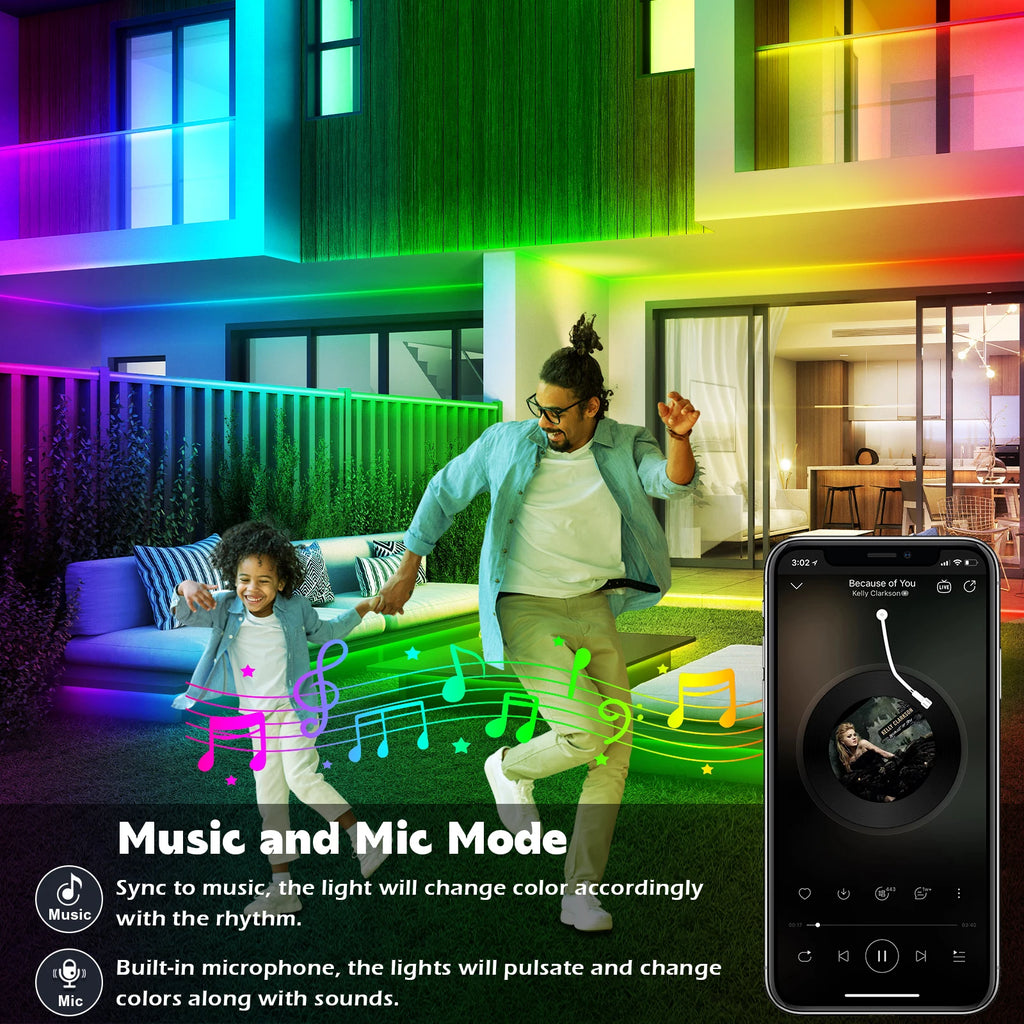 200ft Outdoor LED Strip Lights Waterproof,IP68 Outside Led Light Strips with App and Remote,Music Sync RGB Exterior Rope Self Adhesive Back for Deck,Balcony,Pool