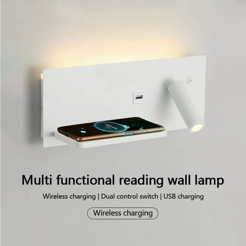 Multi Functional Wall lamp with Mobile phone Wireless charger switch USB interface Bedroom Night light LED Reading wall light