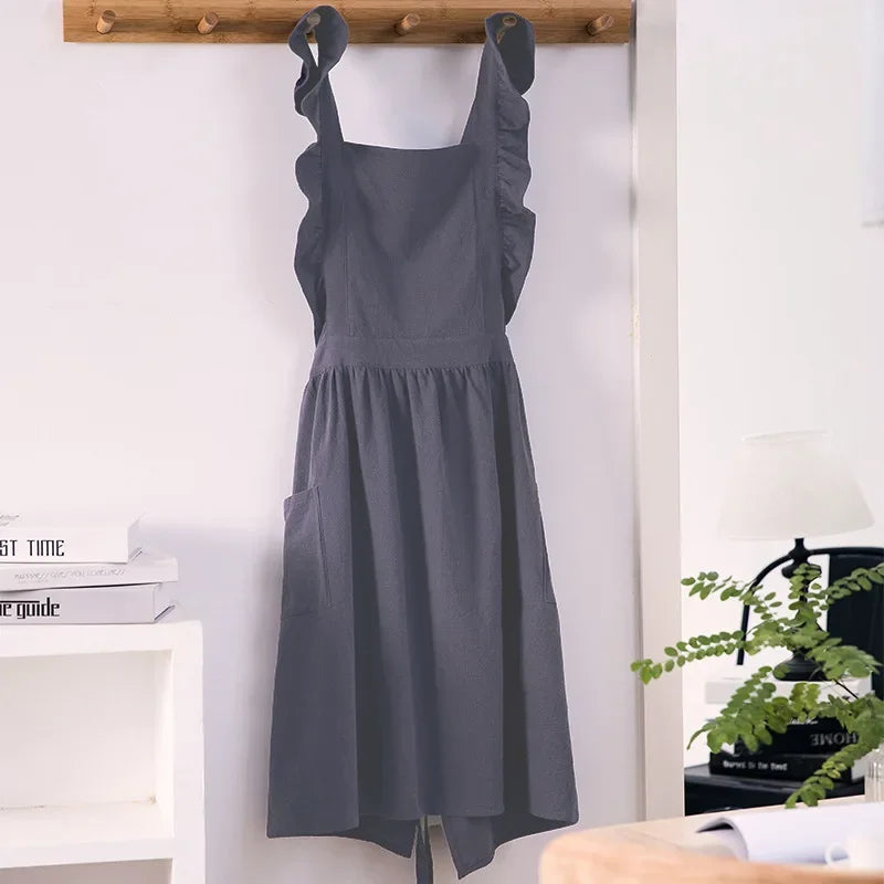 Japanese Korean Flouncing Kitchen Coffee Shop Working Falbala Apron kawaii Home Cotton Linen Pinafore with Lotus Leaf Lace