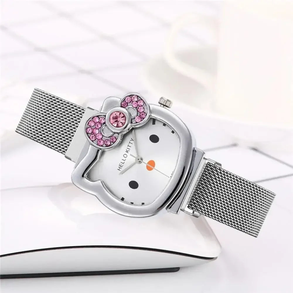 Sanrio Anime Hello Kitty Bow Set Diamond Watch Fashion Quartz Watch Cute Cartoon Magnet Small Dial Watch Girl Birthday Gift