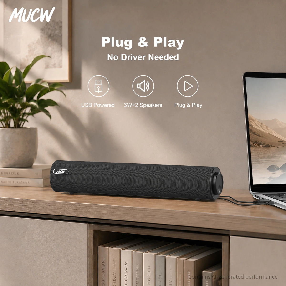 MUCW Minimalist Wired Computer Soundbar Stereo USB Power 3.5mm AUX