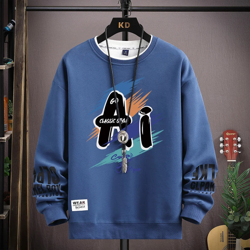 Autumn Men's Sweatshirt Trendy Printed Long Sleeve T-shirt Fashion Men's Clothing Khaki O Neck Harajuku Exclusive Design Top New