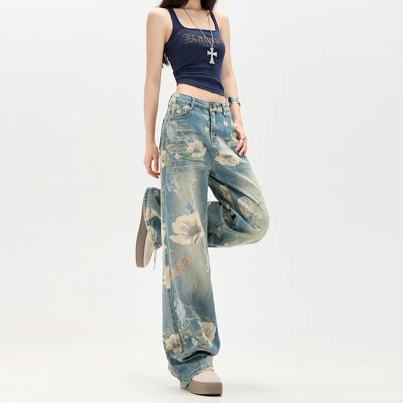 Summer Y2K Pants Jeans for Woman Loose Fit High Waist Retro Wide