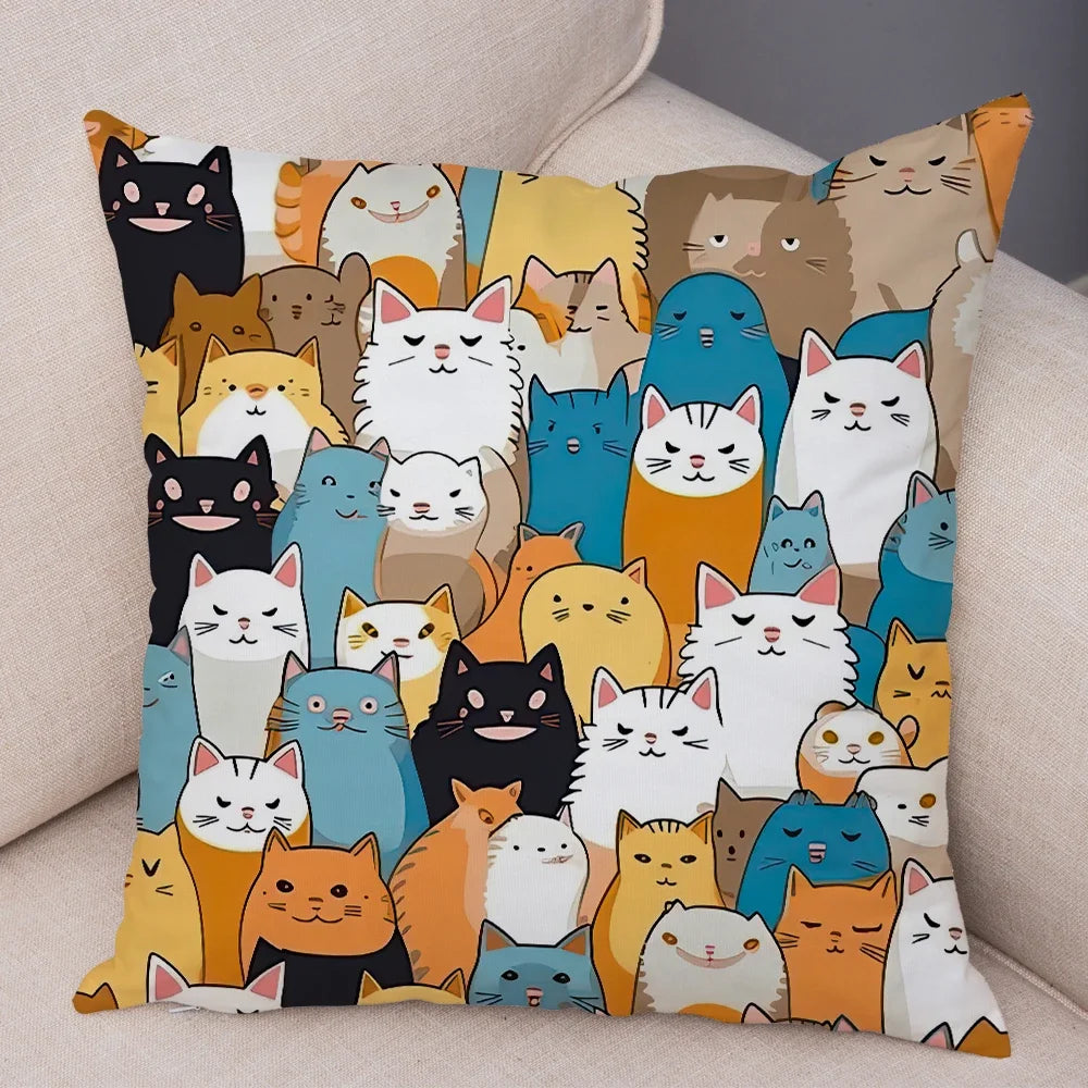 Cute Pet Hello Cat Cushion Cover Double Print Soft Plush Pillowcase for Sofa Home Car Decor Cartoon Animal Pillows Case 45x45cm