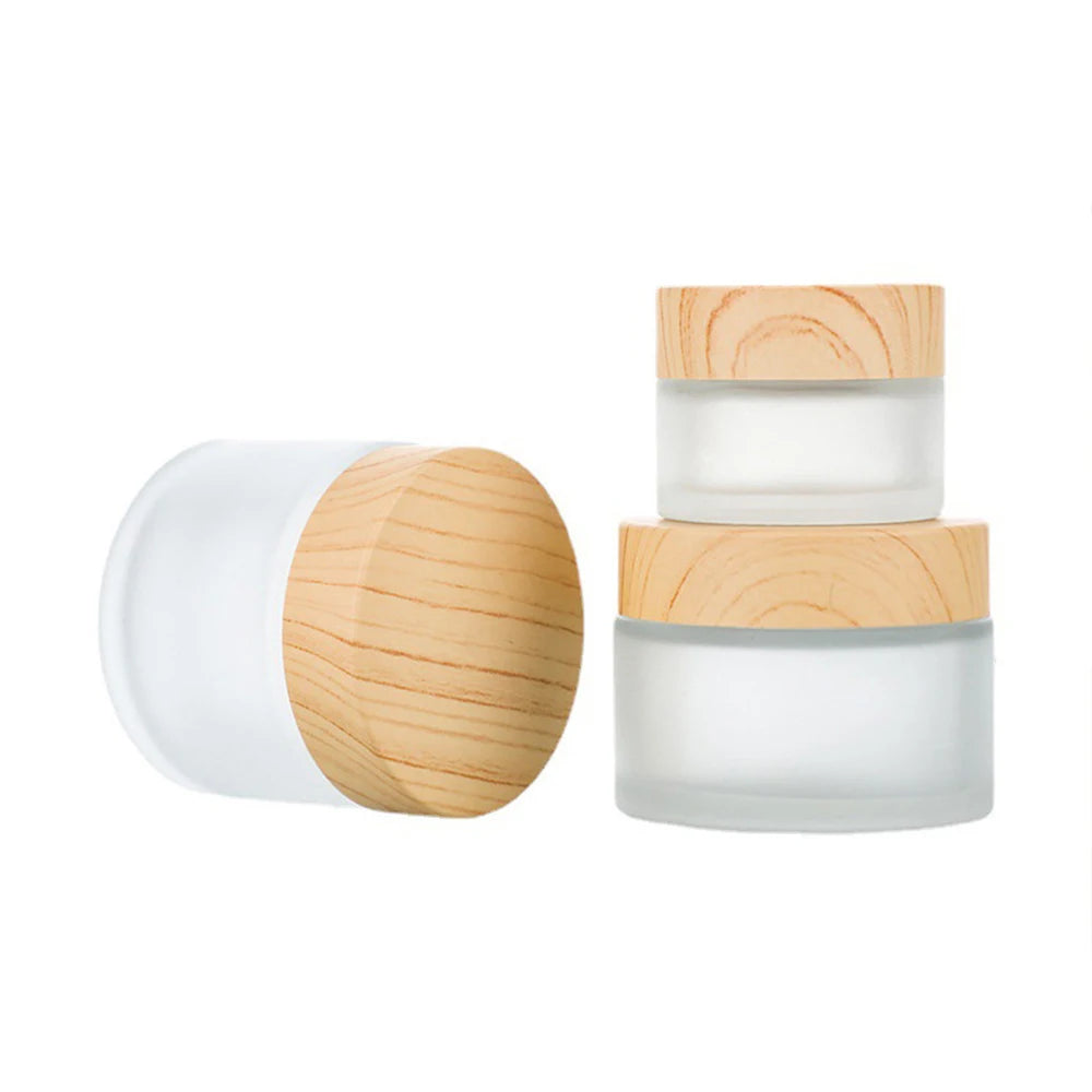 Durable Wood Grain Lid Frosted Glass Cream Jar Screw Cap Cosmetic Container Jar Cream Bottle Round Scrub Sub-bottling Skin Care