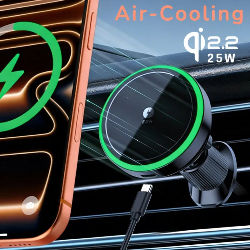 Qi2.2 Car Magnetic Wireless Charger Stand  LED Phone Holder  Air-Cooling Fast Charging Station For Magsafe iPhone 17~12 Pro Max