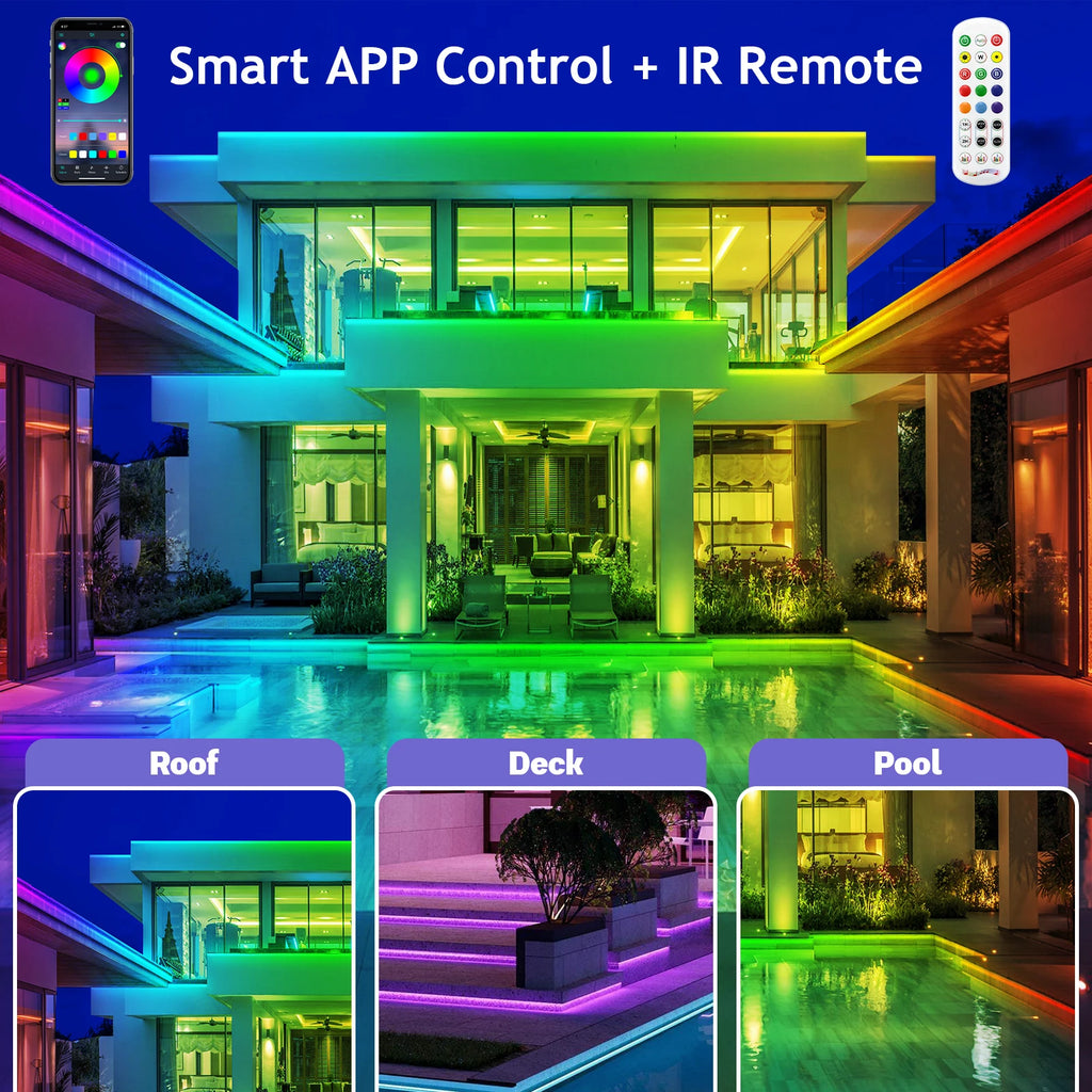 200ft Outdoor LED Strip Lights Waterproof,IP68 Outside Led Light Strips with App and Remote,Music Sync RGB Exterior Rope Self Adhesive Back for Deck,Balcony,Pool