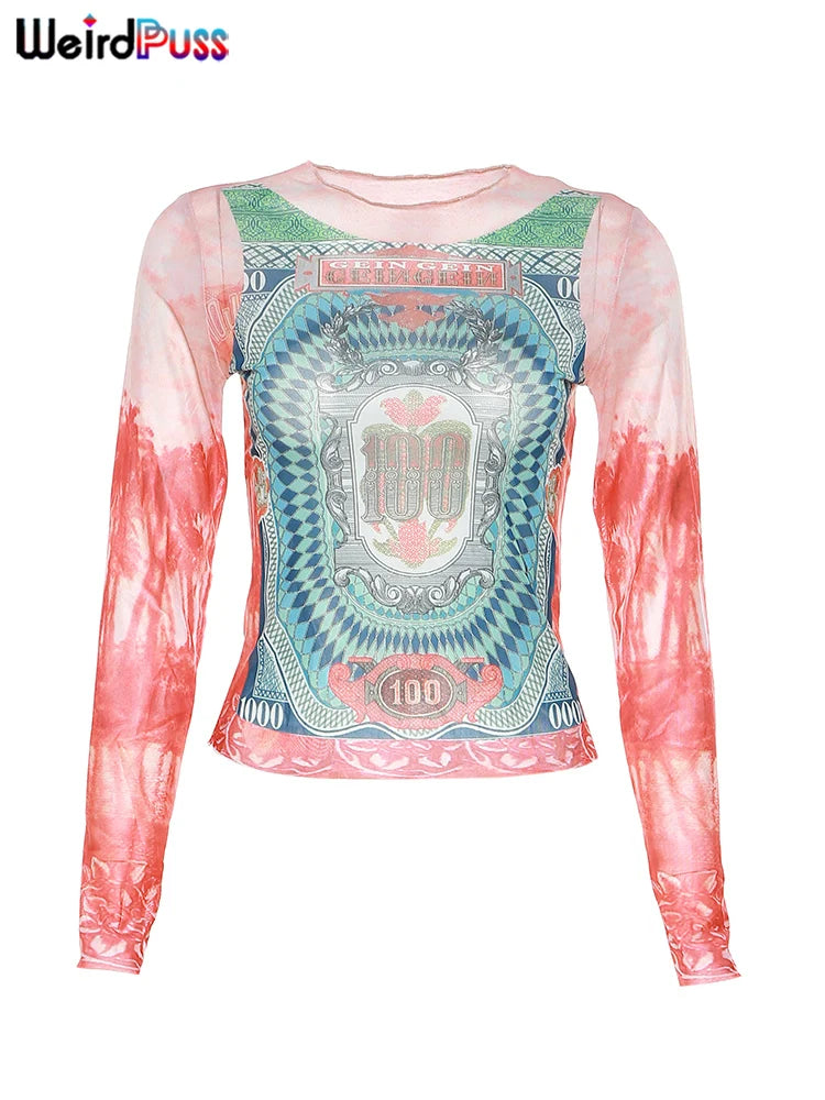 Weird Puss Dollar Print Women Long Sleeve Crop Tops Y2K Fashion