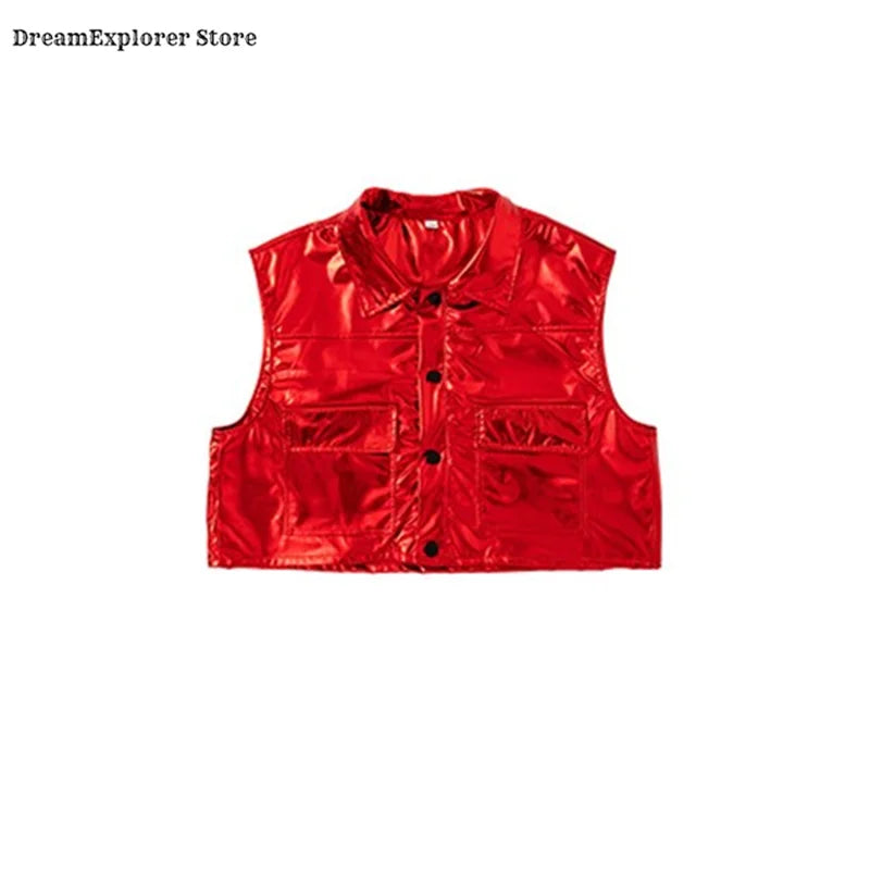 Boys Hip Hop Sweatshirt Shiny Vest Street Dance Cargo Pants Girls K-pop Clothes Set Kids Jazz Red Costumes Children Streetwear
