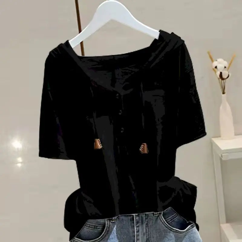 98% Cotton T Shirt Women Fashion Hooded Short-sleeved T-shirt 2025 Spring Summer Korean Style Loose Thin All-match Pullover Tops