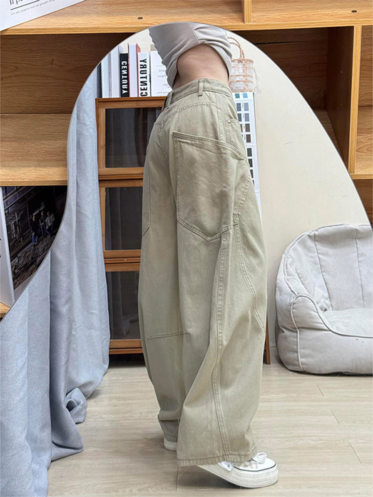 Women's Khaki Baggy Y2K Gyaru Jeans Retro Wide Leg Straight Denim