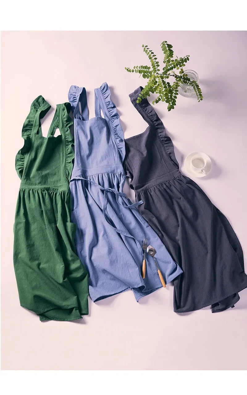 Japanese Korean Flouncing Kitchen Coffee Shop Working Falbala Apron kawaii Home Cotton Linen Pinafore with Lotus Leaf Lace