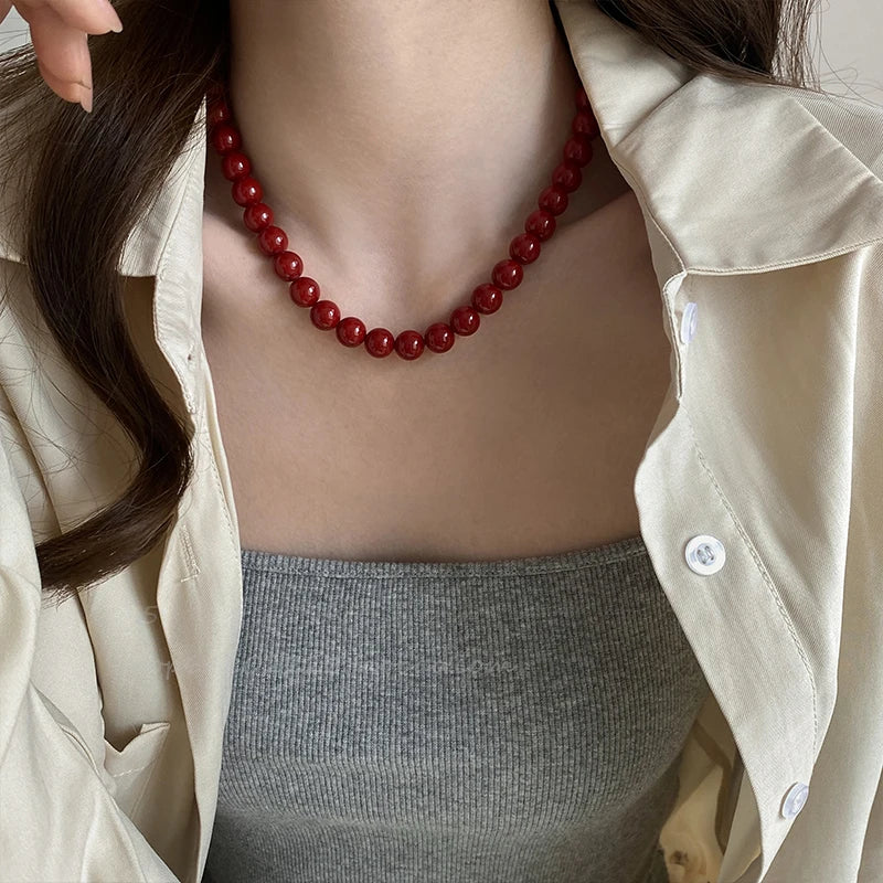Vintage Red Beaded Necklaces For Women Chinese Style Glass Beads Necklace Exquisite Elegant Choker Aesthetic Jewelry Accessories