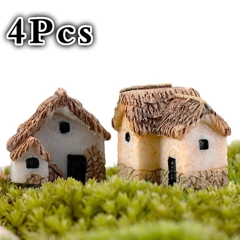 4Pcs House Miniature Figurine Fairy Accessory Home Decor Cartoon Animal Building Statue Resin Craft Small Creative Crafts Gifts