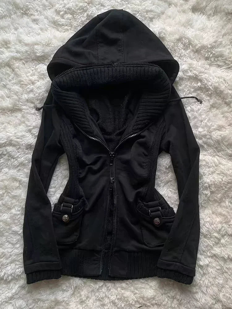 New Gothic Pattern Sweatshirt Hoodie Versatile Fashion Cardigan Casual Hoodie Women Solid Color Pleated Slim Top Winter Retro