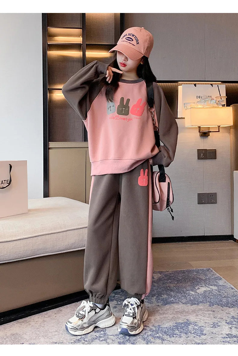 Girls Cotton Contrast Cartoon Alphabet Loose Sweatshirt+Sweatpant School Kids Tracksuit Child Jogger Outfit Workout Sets 5-16Yrs