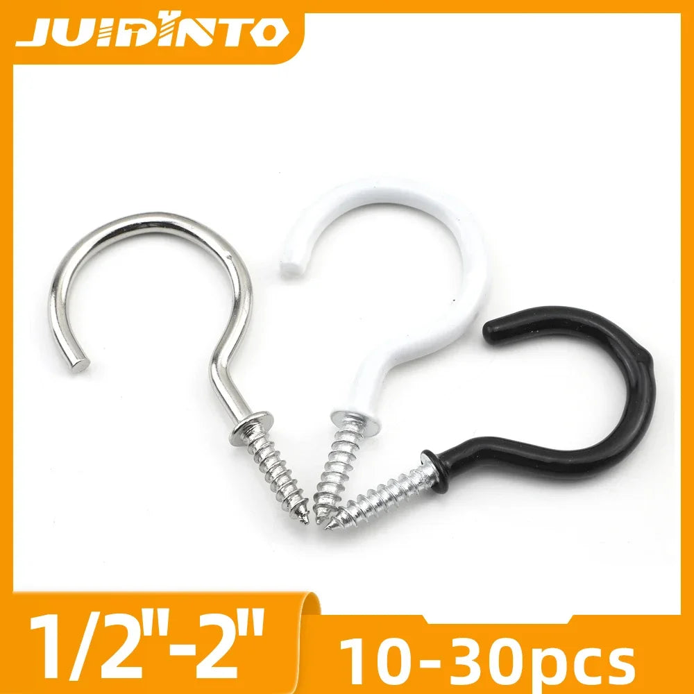JUIDINTO 10-30pcs Cup Hook Screws 1/2"-2" Screw-in Hook Ceiling Tapping Screw Hook Carbon Steel for Kitchen Hanging