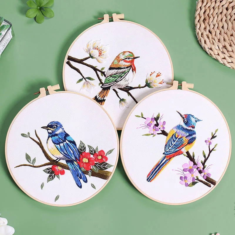 Bird Flower Chinese Wind Embroidery Kit with Instruction Needle Cloth with Pattern for DIY Craft Kit Home Decor