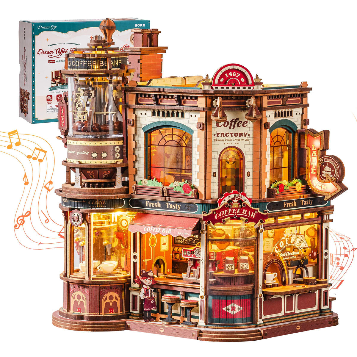 ROKR Wooden 3D Puzzle Dream Coffee Factory Music Box