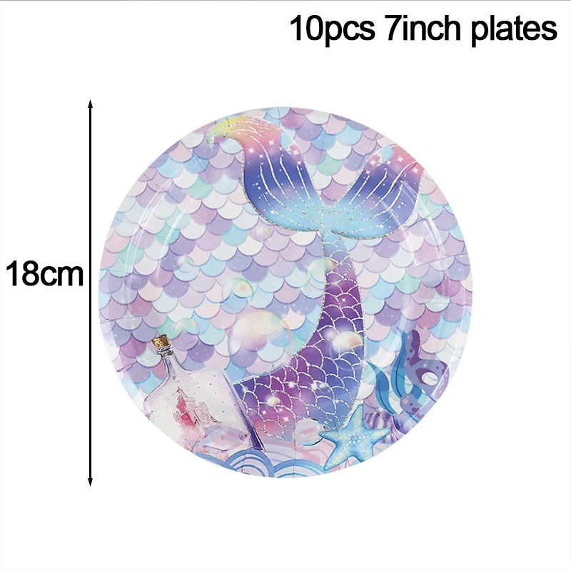 Mermaid Birthday Party Decoration Disposable Tableware Set Little Mermaid Tail Plates Girl Mermaid Party Supplies Wedding Decor