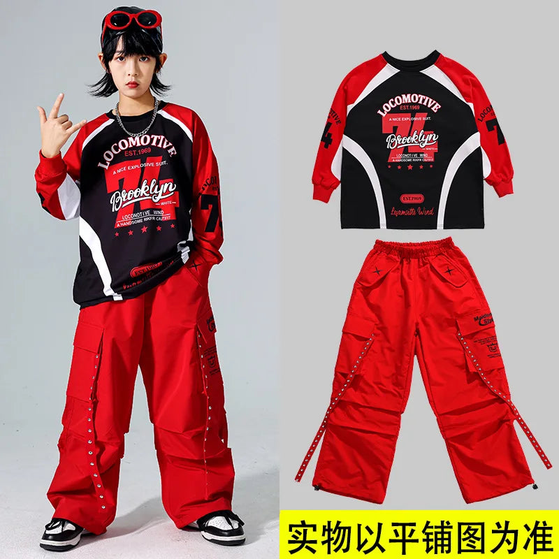 Boys Hip Hop Cool Sweatshirt Vest Cargo Pants Girls Fashion Jazz Street Dance Costume Children Clothes Set Kids K-pop Streetwear