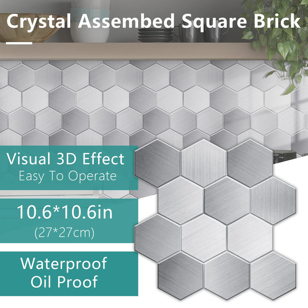 5 Styles Flat Hexagon Marble Embossing Tile Wall Stickers Oil-Proof Kitchen & Bathroom Washbasin Glossy Surface Decorative Mural