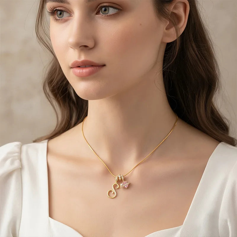Pink Zircon Heart Letter Necklace, Gold Plated