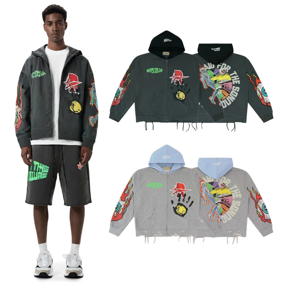 Y2K Streetwear Funny Graphic Zip up Hoodies with Rhinestones