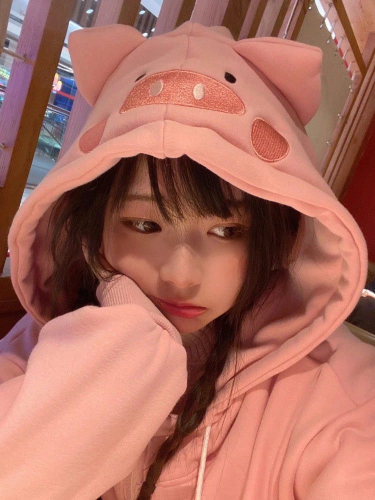 Sweet Pink Piggy Letter Embroidery Hoodies Women Loose Y2k Kawaii Cute Preppy Sweatshirts Fashion Pocket Casual Aesthetic Hoodie